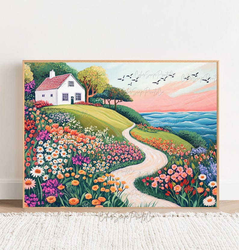 Coastal Cottage Wall Art Coastal Painting Summer Garden Painting ...