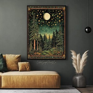 Moon and Stars Wall Art Dark Forest Painting Vintage Landscape Print ...