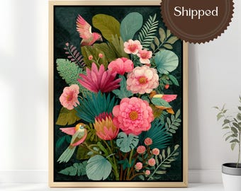 Dark Moody Botanical Bird Wall Art Canvas Print Tropical Floral Painting Pink Flower Maximalist Decor Vintage Nature Living Room Artwork