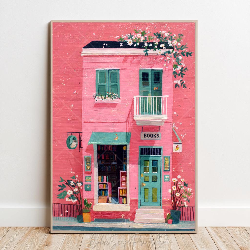 Whimsical Pink Bookstore Wall Art Print New York Bookshop Illustration Cozy Book Lover Decor Floral Reading Aesthetic Bookish Reading Nook