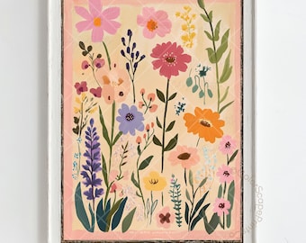 Arte murale botanica con fiori selvatici, tela incorniciata con arte da giardino di metà secolo, decorazione murale floreale in stile boho per cameretta dei bambini, stampa illustrativa floreale in stile cottagecore