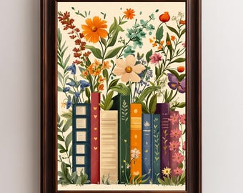 Stampa floreale con pila di libri, moderna arte murale botanica con libri colorati, decorazione per angolo lettura, regalo per amanti dei libri, arredamento in stile cottagecore per la biblioteca.