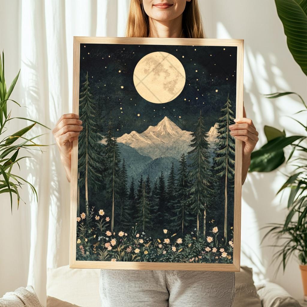 Moon and Stars Wall Art Dark Forest Print Forest Moon Mountain ...