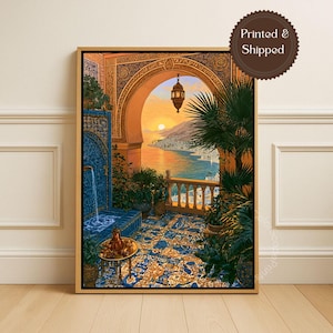 Mediterranean Coastal Golden Sunset Canvas Wall Art Moroccan Terrace Seascape Blue Tile Palace Santorini View Mediterranean Balcony Print