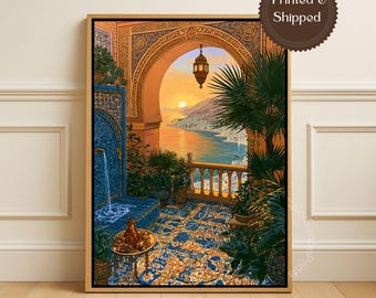 Mediterranean Coastal Golden Sunset Canvas Wall Art Moroccan Terrace Seascape Blue Tile Palace Santorini View Mediterranean Balcony Print