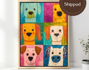 Quadro su tela con cane colorato, stampa pop art di cucciolo carino e divertente per cameretta, sala giochi, decorazione per amanti degli animali, dipinto stravagante di animali, ritratto di cane retrò