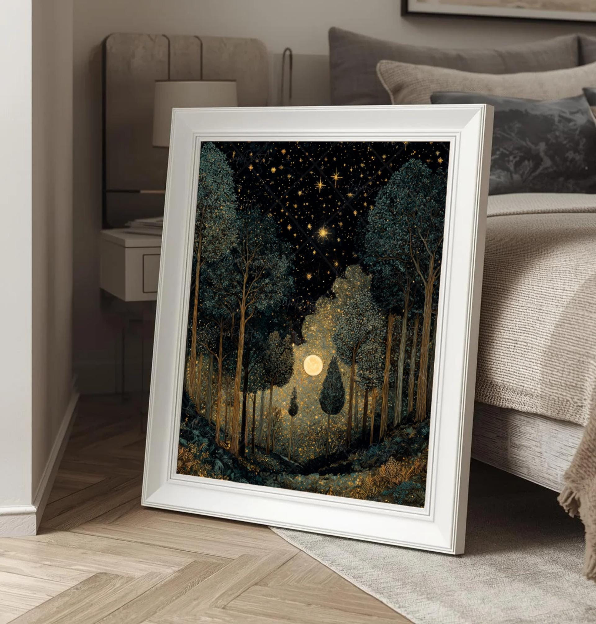 Dark Forest Wall Art Print William Morris Inspired Moon and Stars Night ...