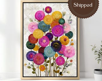 Colorful Floral Wall Art Canvas Modern Botanical Print Pink Flower Decor Boho Contemporary Garden Artwork Framed Canvas Living Room