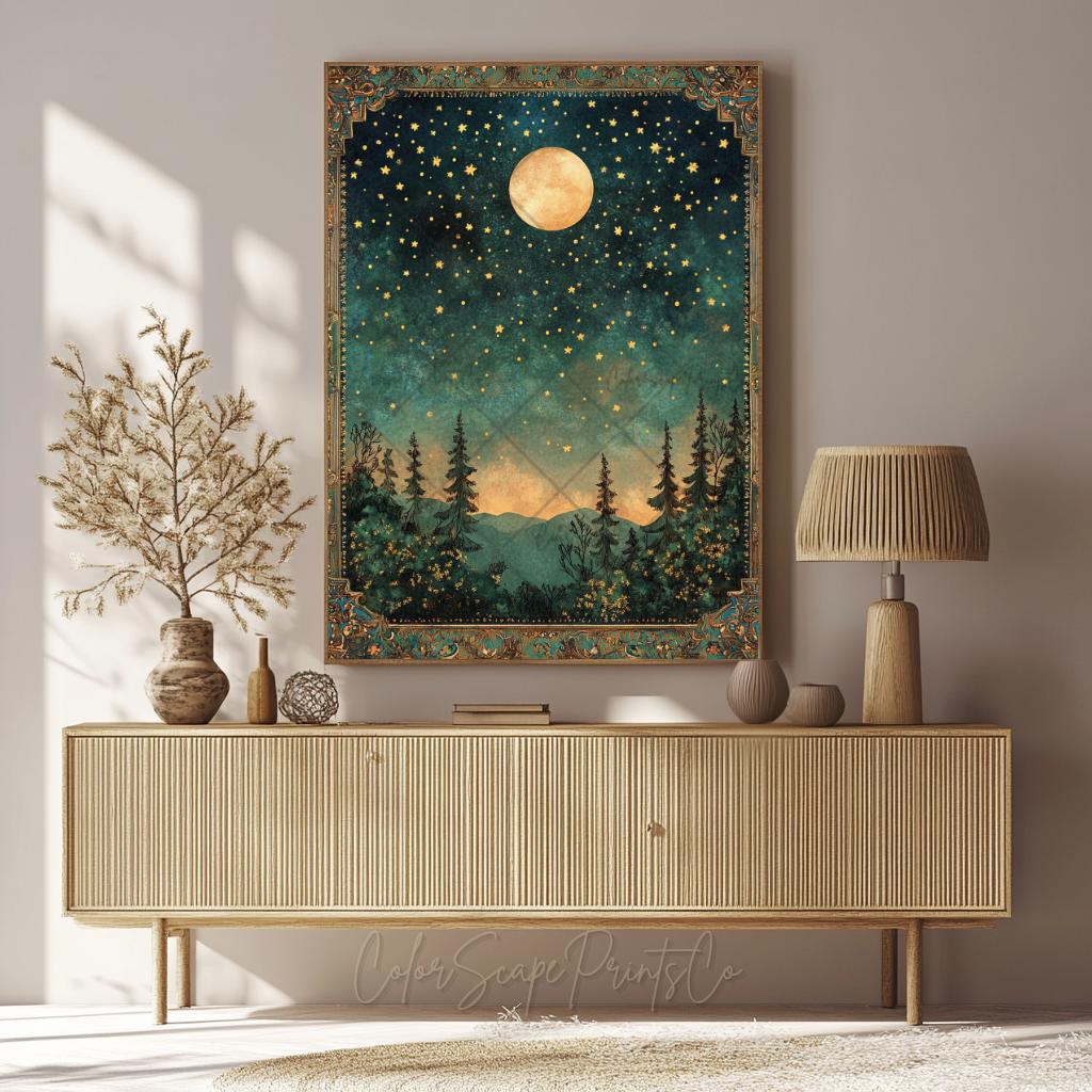 Moon and Stars Wall Art Dark Forest Painting Enchanted Forest Decor ...