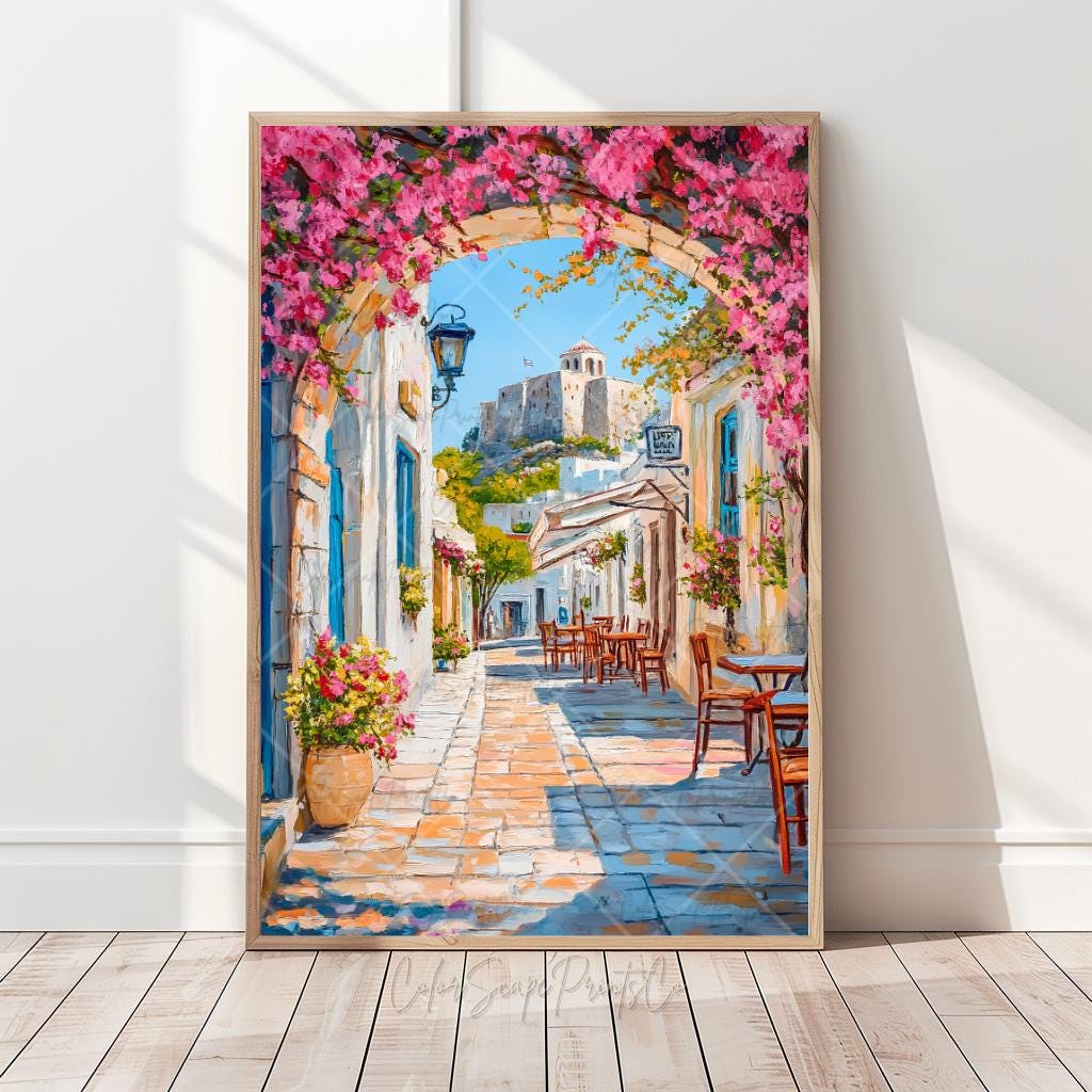 Mediterranean Greek Street Poster Coastal Village Wall Art Greek