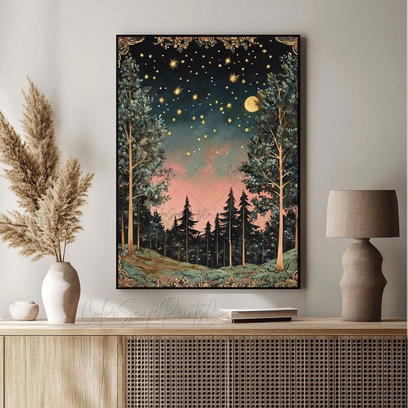 Księżyc i gwiazdy, obraz ścienny, ciemny las, zaczarowany las, obraz świetlika, zaczarowana noc, sztuka, vintage, wydruk krajobrazu, ciemnozielony wydruk zdjęcie 3