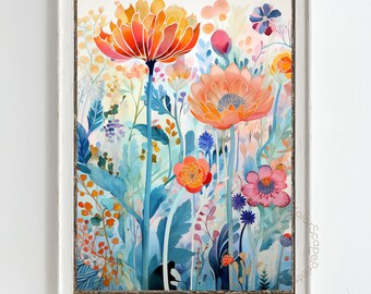 Elegante quadro floreale da parete, stampa botanica ad acquerello, tela con fiori dai colori pastello tenui, decorazione leggera e ariosa per la camera da letto, decorazione tranquilla e femminile per il soggiorno.