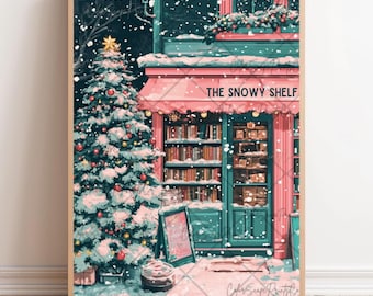 Winter Bookstore Print Anime Style Bookshop Print New York Bookstore Poster Reading Nook Print Bookish Christmas Decor Reading Art Print