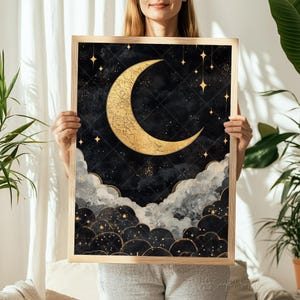 Vintage Celestial Crescent Moon Painting Stars and Moon Wall Art Cloud Painting Starry Night Sky Print Mystical Midnight Black Gold Decor
