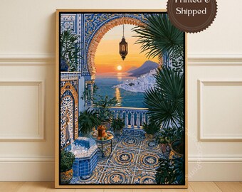 Mediterranean Coastal Sunset Canvas Wall Art Moroccan Terrace Seascape Blue Tile Palace Santorini View Mediterranean Balcony Print