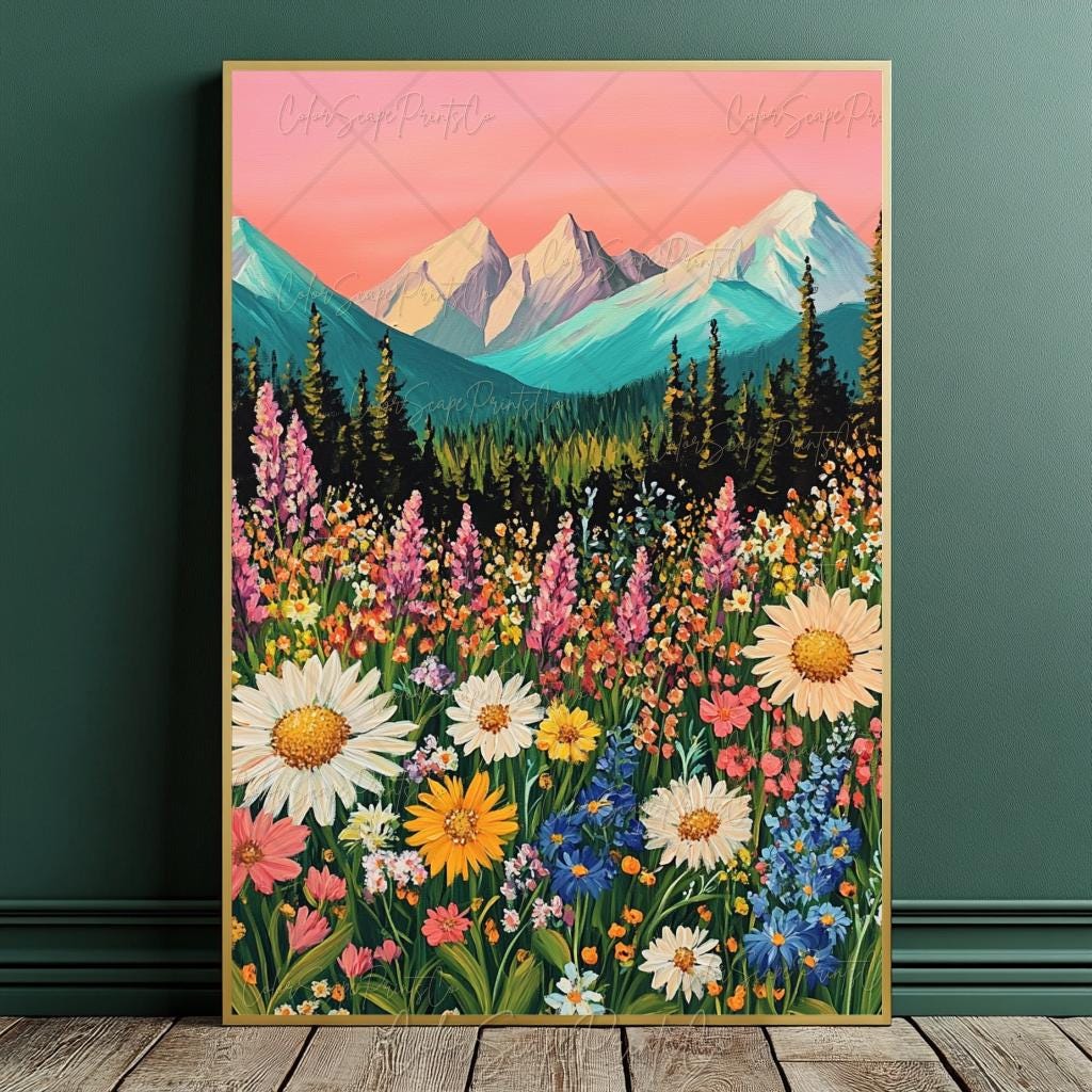 Wildflower Wall Art Mountain Painting Colorful Landscape Print ...