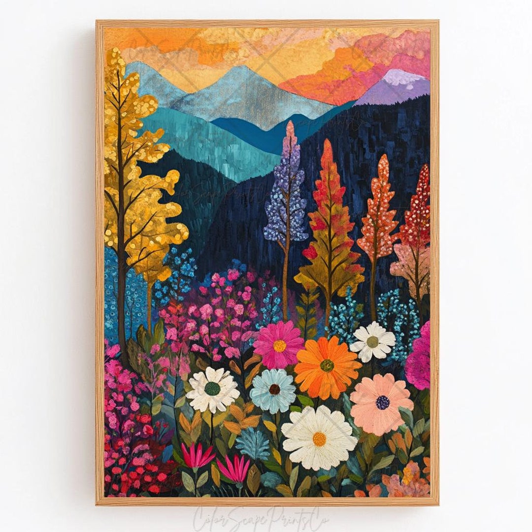 Mountain Painting Wildflower Landscape Print Mountain Forest Print ...