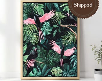Pink Black Tropical Birds Canvas Wall Art Jungle Bird Print Botanical Maximalist Decor Moody Green Exotic Bird Framed Canvas Living Room Art