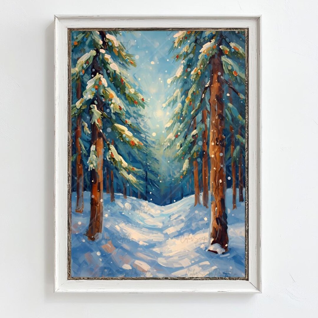 Snowy Pine Tree Forest Printable Winter Landscape Wall Art Moonlit ...