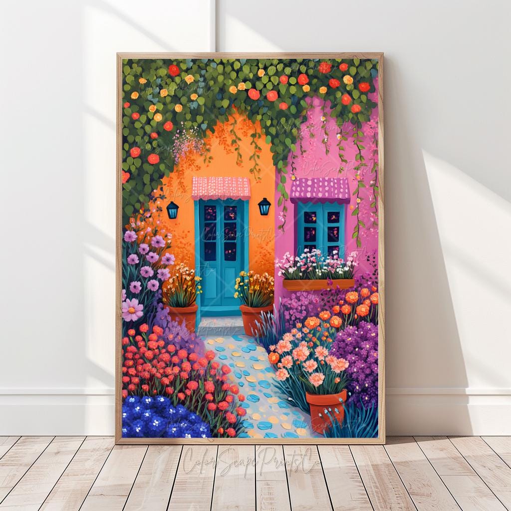 Flower Garden Illustration Colorful House Wall Art Vibrant Garden