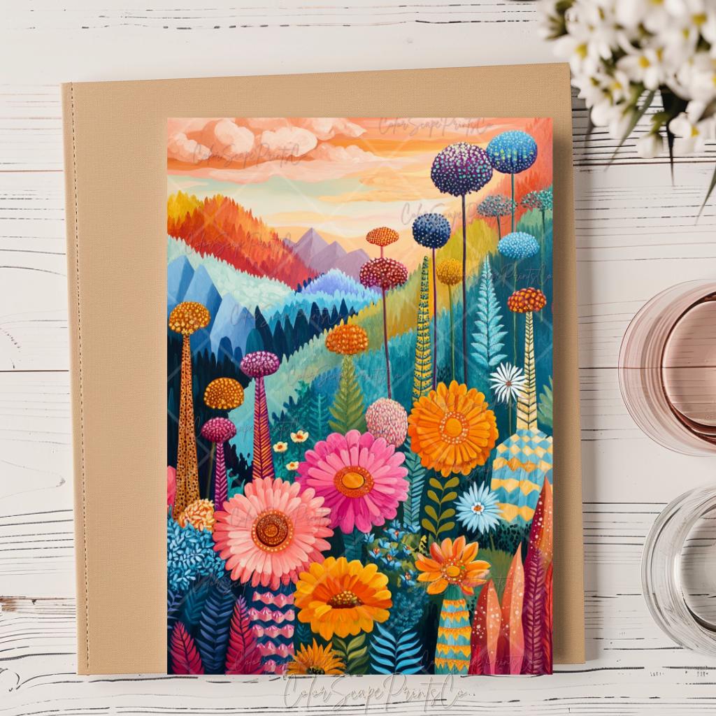 Vibrant Whimsical Landscape Art Print Bright Flower Mountain