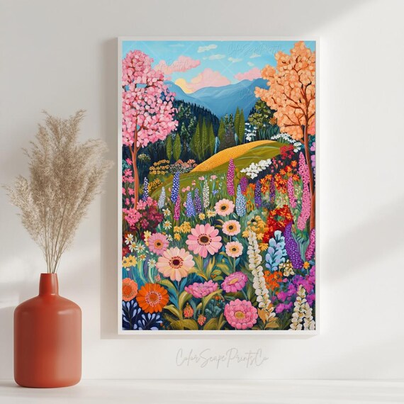 アート・デザイン・音楽 Flowers art works couleur innocentgrey Vibrant Wildflower Landscape Wall Art Whimsical Mountain Garden