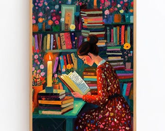 Frau Lesung Druck Gemütliche Buchecke Kunstdruck Mädchen lesen Bücherwurm Wandkunst Wunderliche Buchliebhaber Druck Kerzenlicht Leseecke literarische Kunst