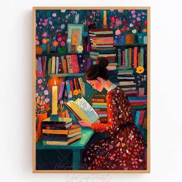 Impresión de mujer leyendo, impresión artística de rincón de lectura acogedor, impresión de niña leyendo, arte de pared literario, impresión caprichosa para amantes de los libros, rincón de lectura a la luz de las velas, arte literario