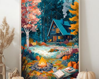 Herfst leesgrage afdrukbare kleurrijke herfst lezing print rustieke herfst gezellige hut lezing schilderij herfst hut muur kunst herfst bos kampvuur kunst
