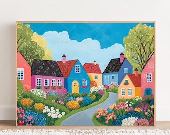 Stampa di case colorate, paesaggio di villaggio primaverile, stampa di case stravaganti, stampa di villaggio estivo, paesaggio vibrante, stampa colorata per bambini