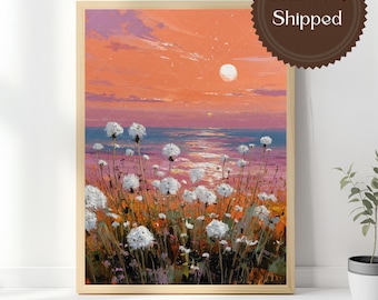 Quadro da parete con fiori selvatici al tramonto sulla costa, stampa di un paesaggio oceanico al tramonto da sogno, tela con cielo rosa e arancione e paesaggio marino, decorazione romantica per casa al mare.