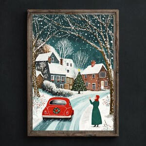 Arte de pared de pueblo invernal imprimible, arte de pared navideño retro, arte de pueblo navideño nevado, decoración de hogar navideña neutra, arte acogedor de temporada