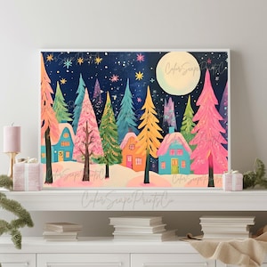 Impressão de árvore de Natal em arco-íris, arte de parede de vila natalina, país das maravilhas de inverno, floresta de pinheiros colorida, noite de inverno estrelada, impressão de Natal