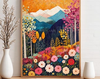 Arte abstracto de montaña, impresión de paisaje caprichoso, arte de pared colorido, arte de pared de montaña con flores silvestres, paisaje vibrante, arte paisajístico maximalista