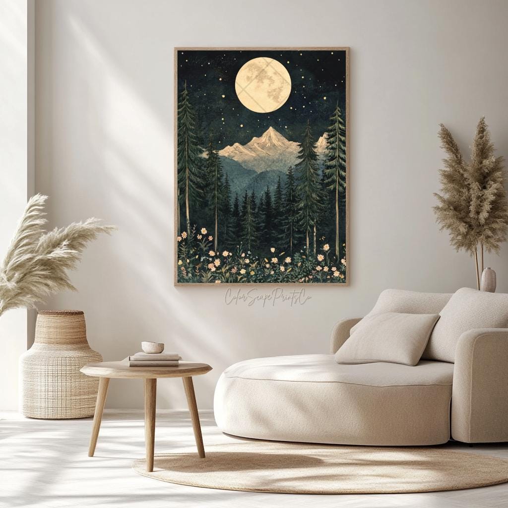 Moon and Stars Wall Art Dark Forest Print Forest Moon Mountain ...