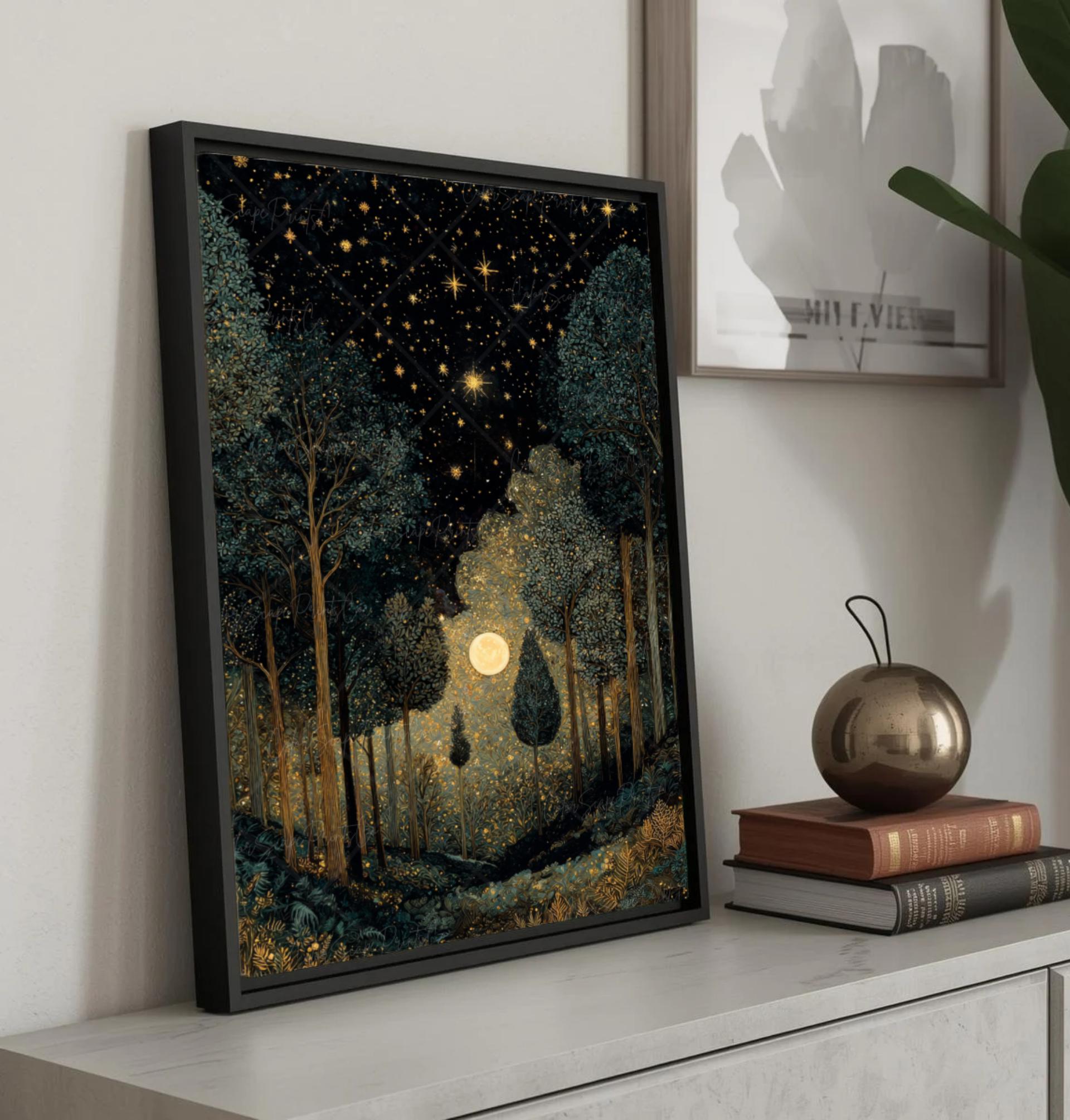 Dark Forest Wall Art Print William Morris Inspired Moon and Stars Night ...