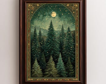 Art mural lune et étoiles, peinture forêt sombre pins, impression encadrée, décoration forêt enchantée, impression nuit enchantée, décoration murale or vert foncé