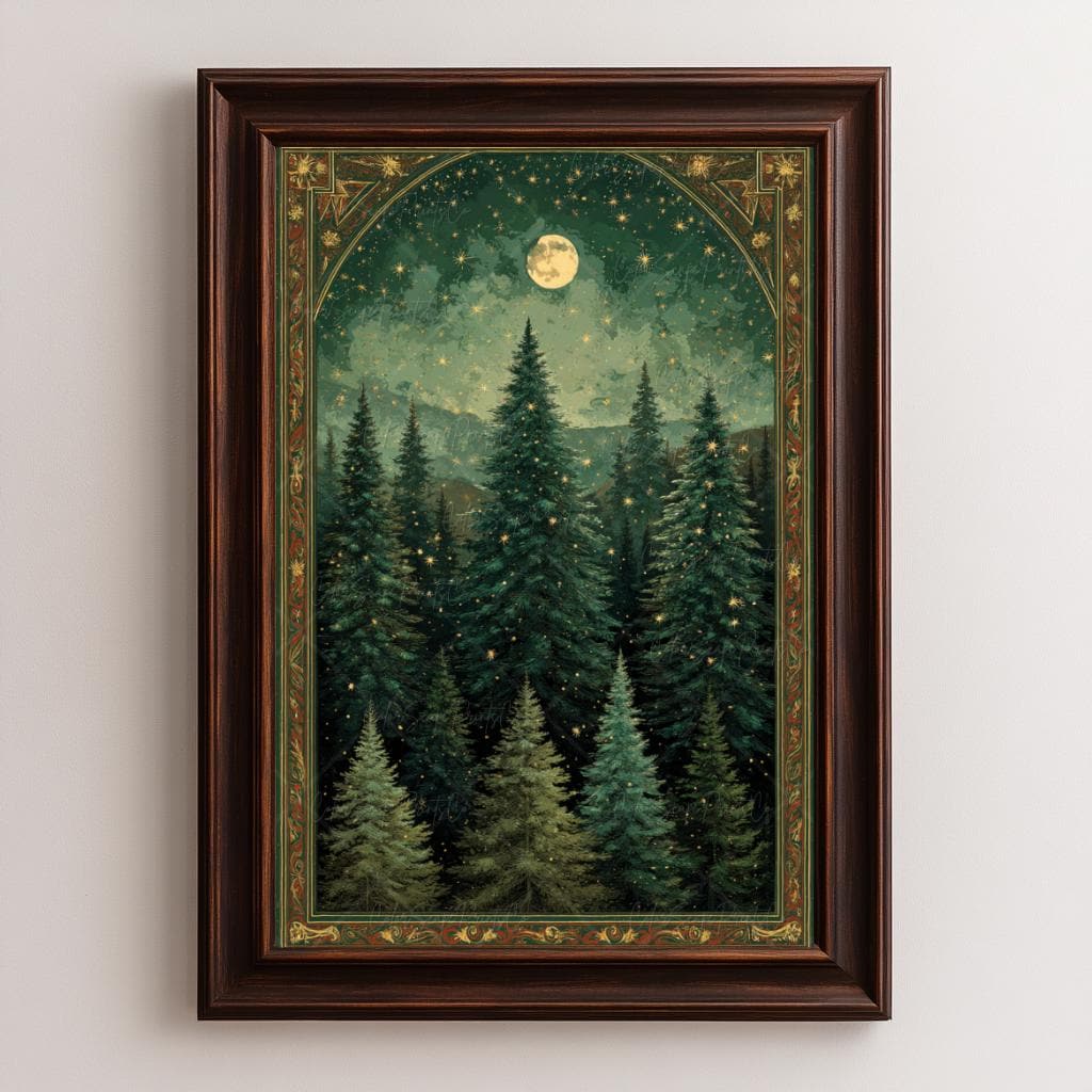 Moon and Stars Wall Art Dark Forest Painting Pine Trees Framed Print ...