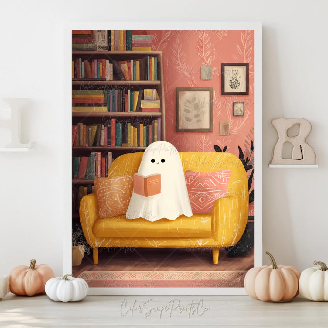Cute Ghost Reading in Cozy Library Print Pink Halloween Book Lover Wall ...