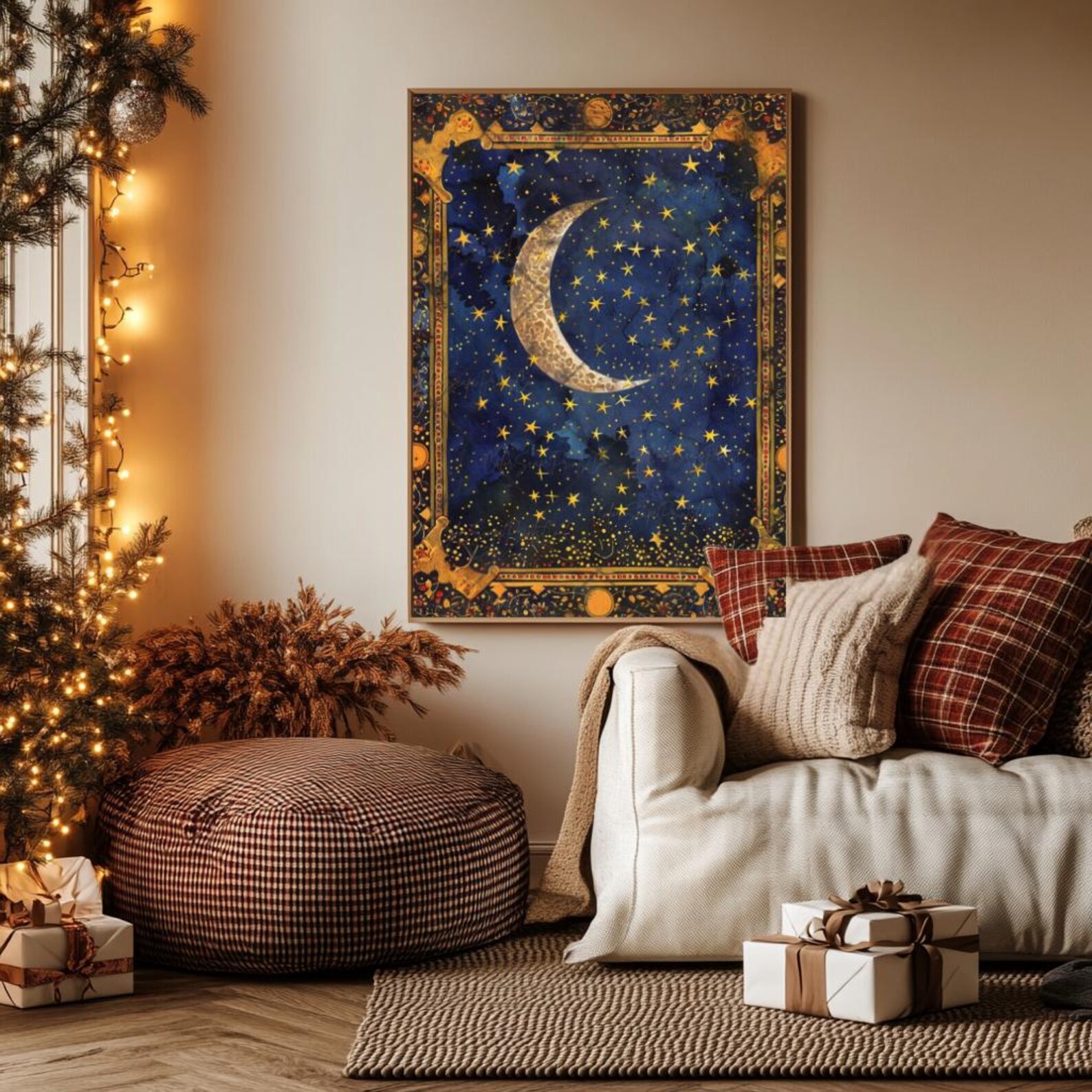 Moon and Stars Wall Art Celestial Painting Starry Night Sky Crescent ...