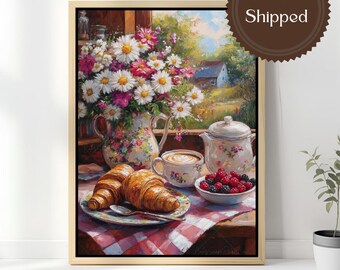 French Country Kitchen Wall Art Cottagecore Breakfast Canvas Print Farmhouse Coffee Croissant Floral Still Life Framed Canvas Decor