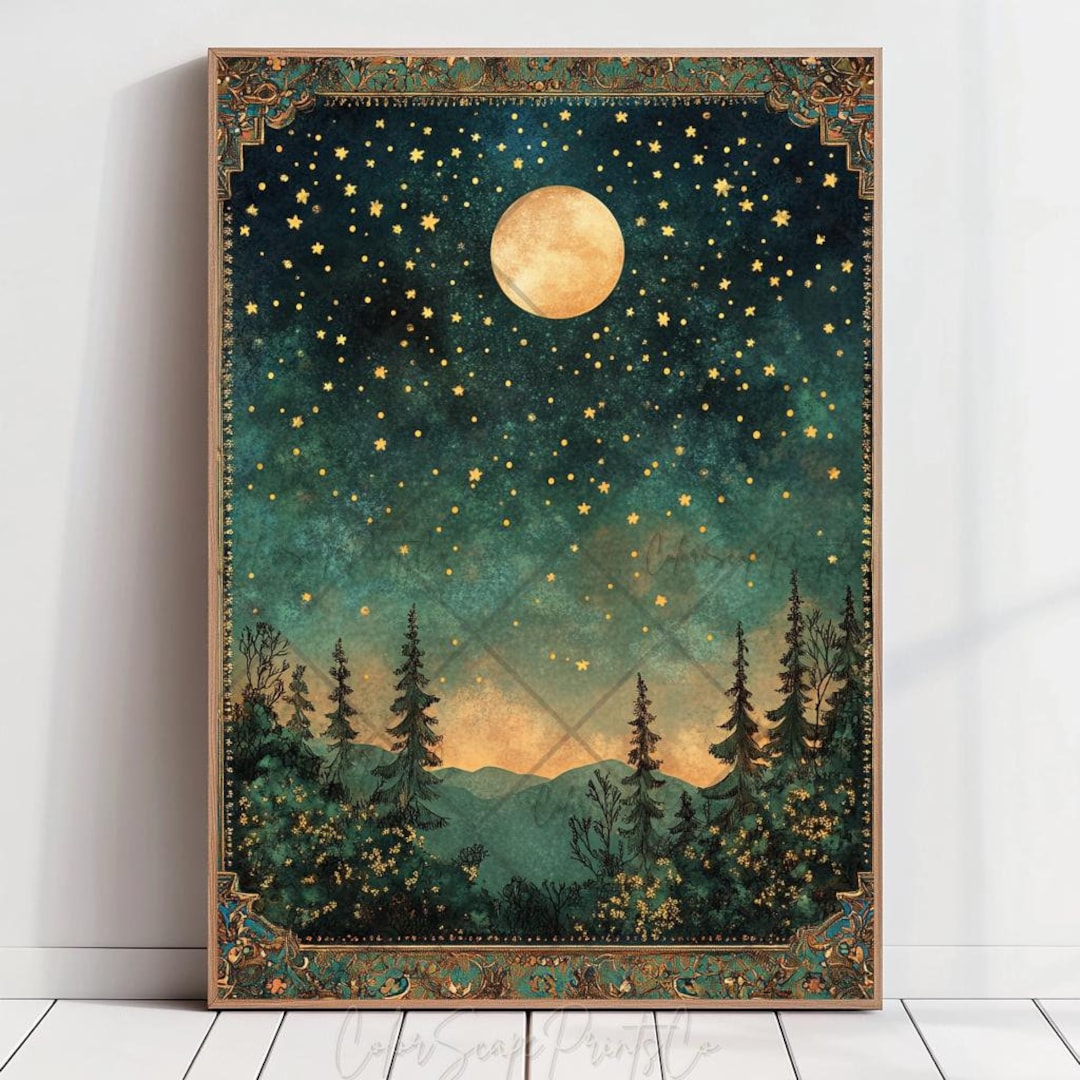 Moon and Stars Wall Art Dark Forest Painting Enchanted Forest Decor ...