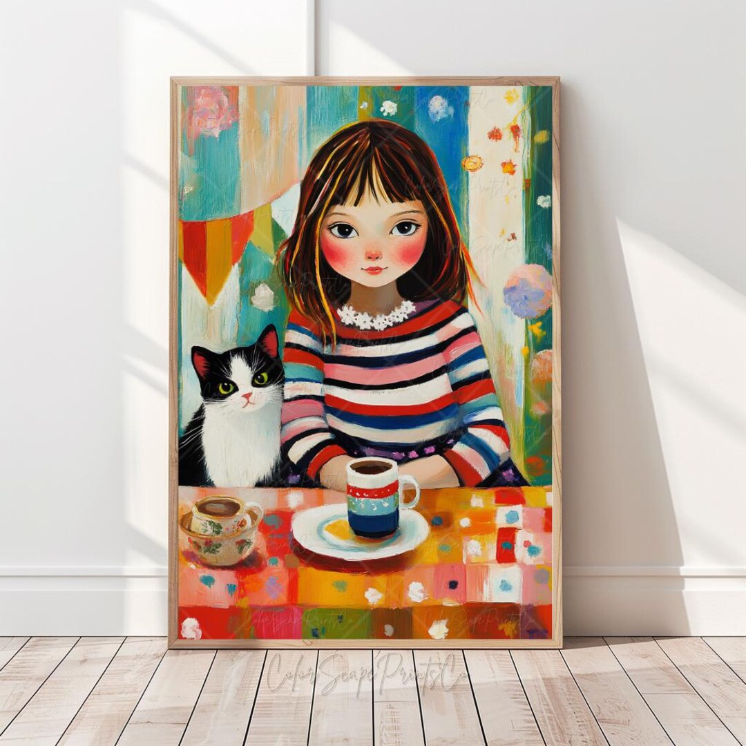 Whimsical Girl and Cat Art Print Colorful Tea Time Illustration Striped ...