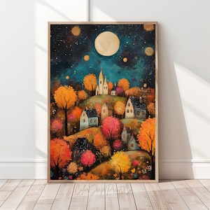 Village d'automne coloré imprimable art mural vintage paysage d'automne en téléchargement numérique impression de village de récolte d'automne confortable impression campagne rustique