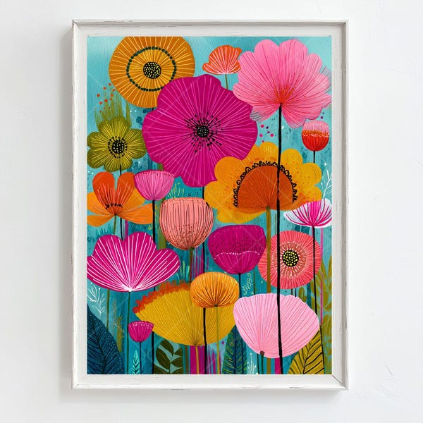 Bright Flowers Framed Art Print Modern Floral Botanical Canvas Colorful Flowers Wall Decor Floral Landscape Print Eclectic Colorful Wall Art