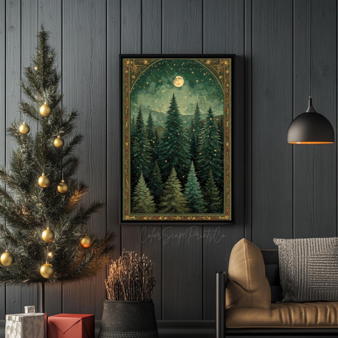 Moon and Stars Wall Art Dark Forest Painting Pine Trees Framed Print ...