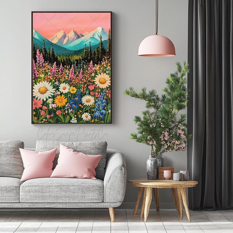 Wildflower Wall Art Mountain Painting Colorful Landscape Print ...