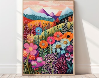 Impresión de paisaje de montaña vibrante, arte de montaña caprichoso, impresión de jardín forestal colorido, impresión de flores silvestres de paisaje primaveral, arte abstracto de montaña