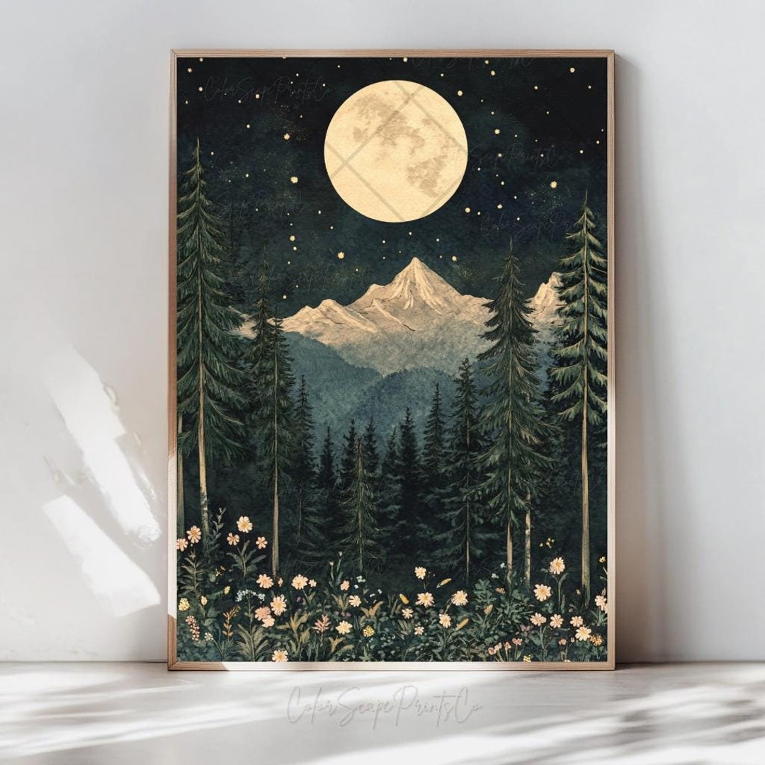 Moon and Stars Wall Art Dark Forest Print Forest Moon Mountain ...