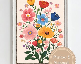 Arte murale con fiori selvatici colorati, stampa di fiori botanici in stile moderno di metà secolo, decorazione floreale boho per la cameretta dei bambini, arte murale luminosa in stile cottagecore per la cameretta dei bambini